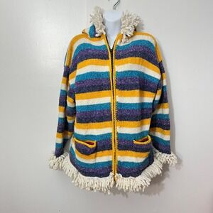 Vintage‎ Incas Arts Crafts Striped Wool Jacket With Fringe Trim & Pockets